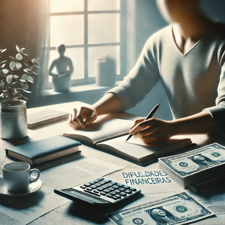 Pessoa sentada à mesa com caderno, calculadora e contas, simbolizando a superação de dificuldades financeiras em um ambiente modesto e esperançoso.