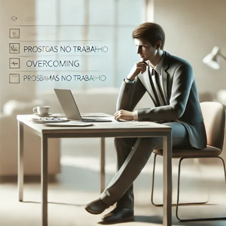 Pessoa real sentada em uma mesa de escritório, com laptop, documentos e uma xícara de café, refletindo de forma confiante sobre como superar problemas no trabalho, sem textos visíveis na imagem.